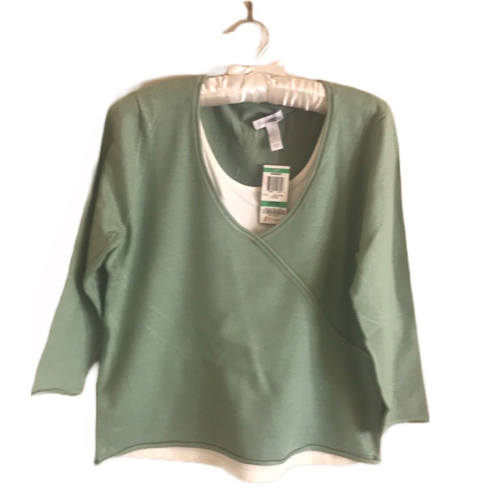 Charter Club Green Long Sleeve Casual Top with Cream Camisole Lining (L)